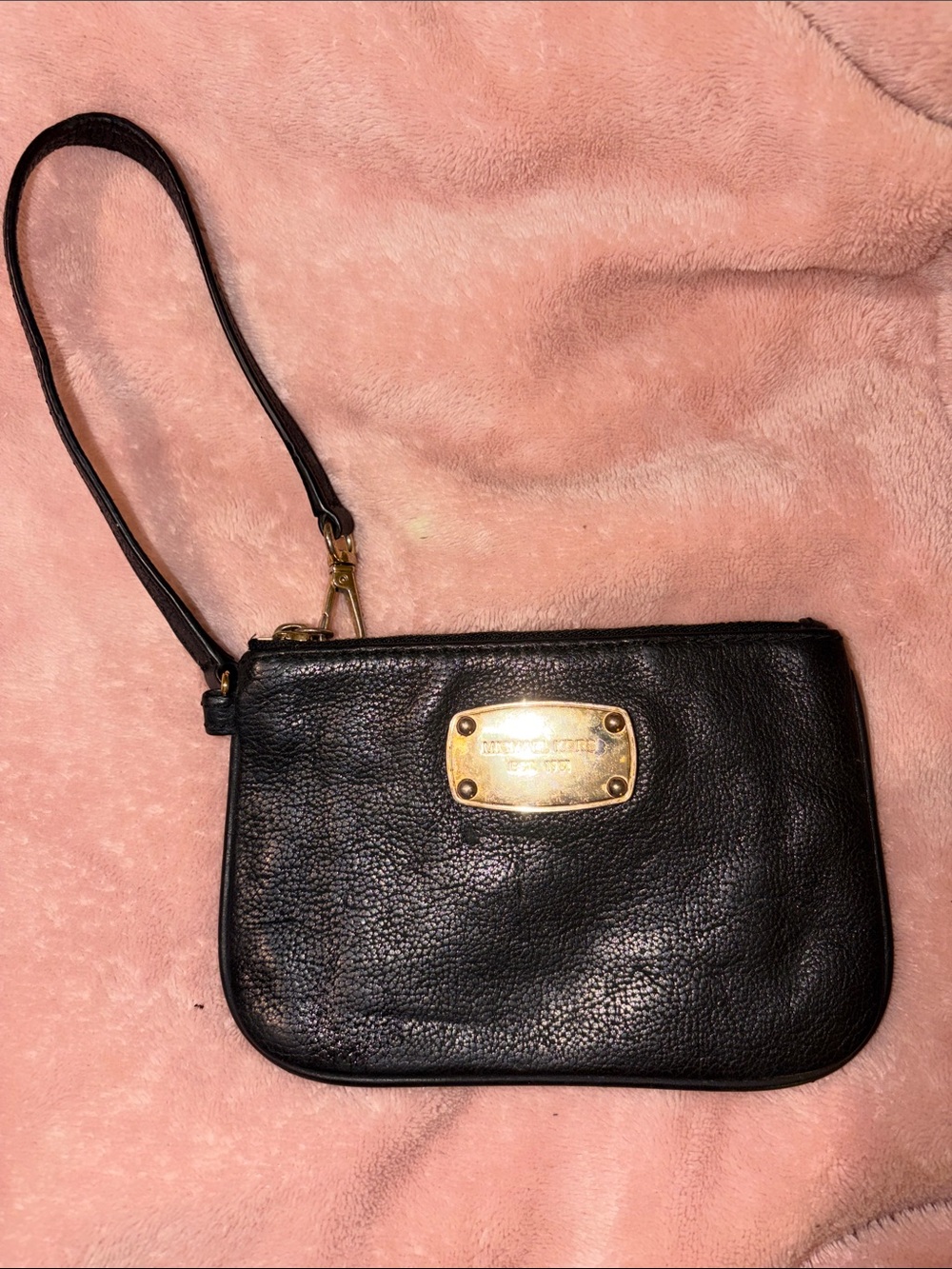 Michael Kors Black Leather Wristlet with Gold Plaque